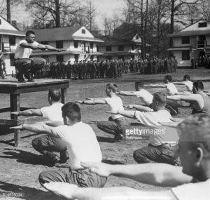 Fort Eustis in 1950; Willie Mays leading exercise yard [Getty Images]